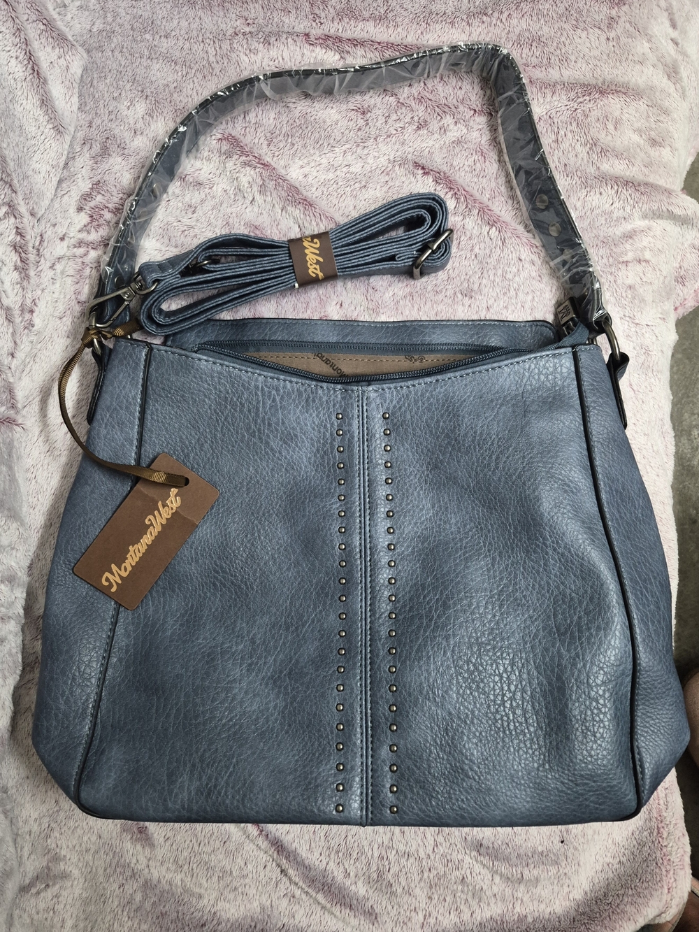 Montana West Dusty Blue Studded Pebbled Leather Shoulder Hobo Bag